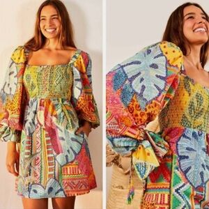 Farm Rio Summer Tapestry Smocked Mini Dress